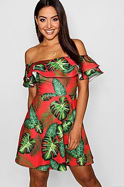 Boohoo Ellie Palm Print Double Ruffle Skater Dress