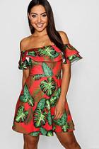 Boohoo Ellie Palm Print Double Ruffle Skater Dress
