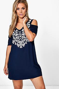 Boohoo Plus Ivy V Neck Cold Shoulder Print Swing Dress