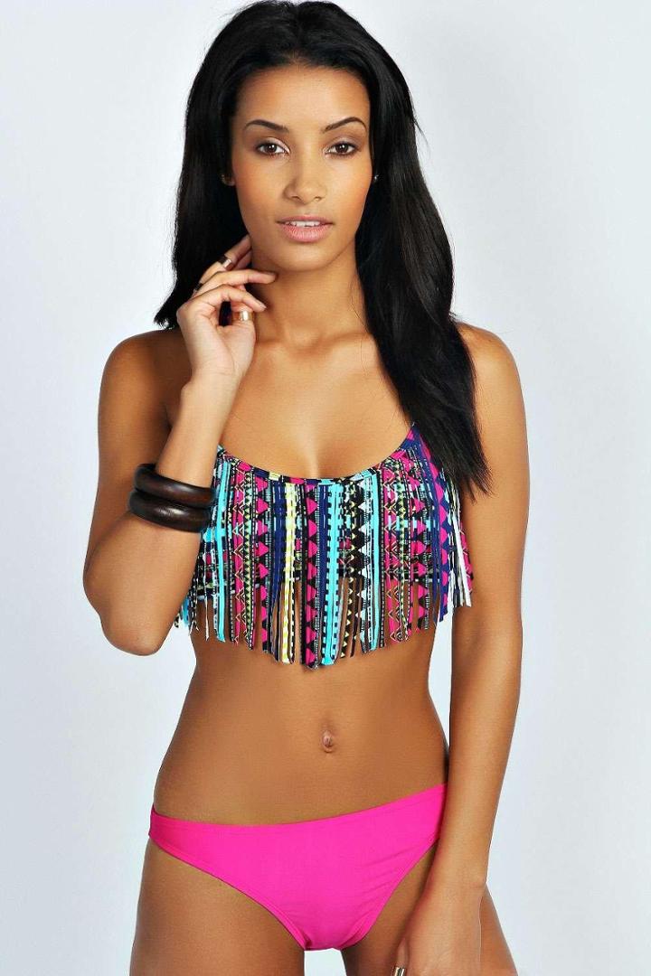 Boohoo Rica Tassel Front Aztec Print Halter Neck Bikini Multi