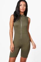 Boohoo Rebecca High Neck O Ring Zip Unitard Khaki