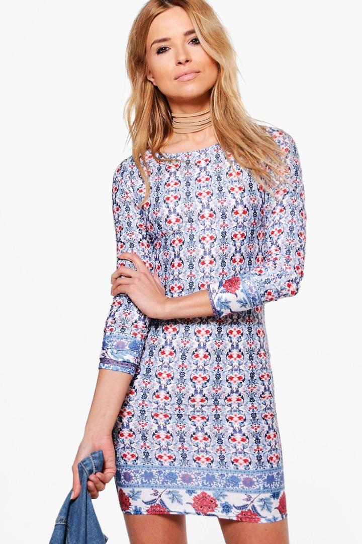Boohoo Ri Border Print Off Shoulder Bodycon Dress Multi