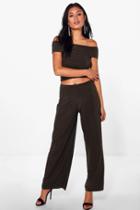 Boohoo Olivia Slinky Off The Shoulder Top And Wide Leg Trouser Khaki