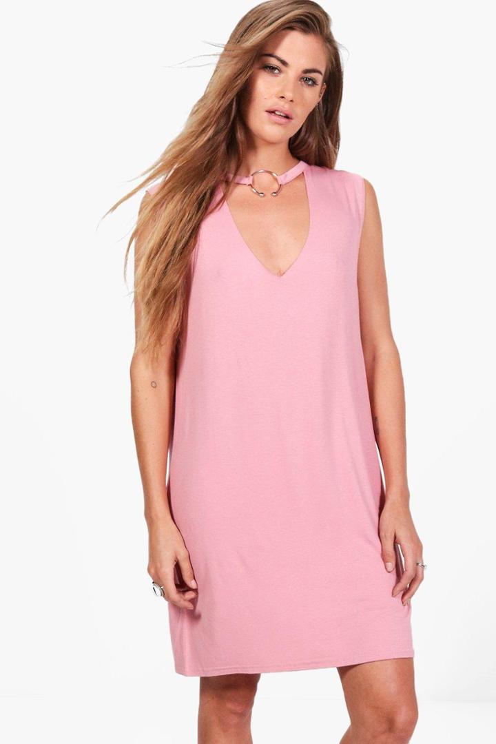 Boohoo Sophie O Ring Detail Choker Plunge T-shirt Dress Rose