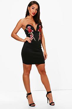 Boohoo Melodie Applique Plunge Neck Bodycon Dress