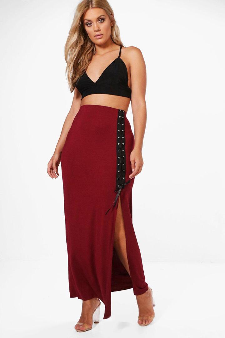 Boohoo Plus Lucy Lace Up Bodycon Midi Skirt Burgundy