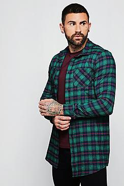 Boohoo Green Check Long Sleeve Shirt In Longline
