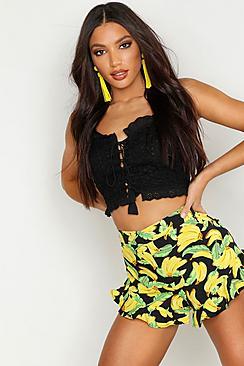 Boohoo Banana Print Ruffle Hem Shorts