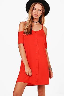 Boohoo Lottie Button Through Cold Shoulder Swing Dress