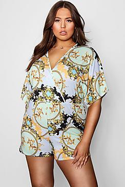 Boohoo Plus Sara Wrap Front Chain Print Playsuit