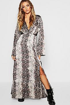 Boohoo Snake Print Revere Collar Maxi Shirt Dress