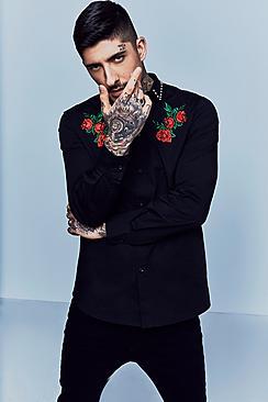 Boohoo Premium Studded Collar Shirt With Embroidery