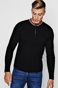 Boohoo Zip Detail Long Sleeve Rib Knitted Polo