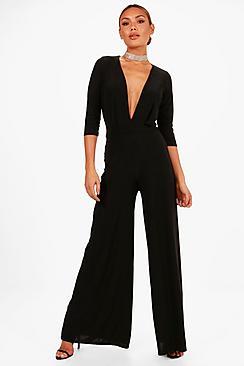Boohoo Anna Plunge Wide Leg Jumpsuit
