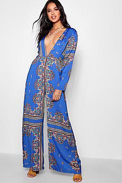 Boohoo Ivy Scarf Print Wide Leg Jumpsuit