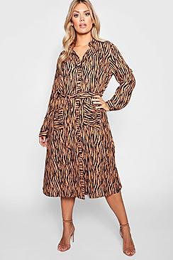 Boohoo Plus Tiger Printed Shirt Midi Dress