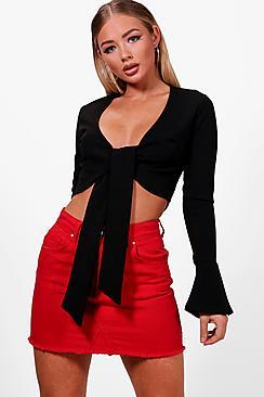 Boohoo Tie Front Frill Sleeve Crop