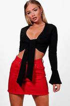 Boohoo Tie Front Frill Sleeve Crop