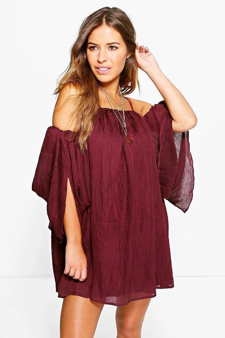 Boohoo Petite Eli Angel Sleeve Pleated Crinkle Swing Dress Merlot