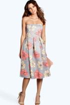 Boohoo Lucinda Floral Print Bandeau Midi Skater Dress Grey