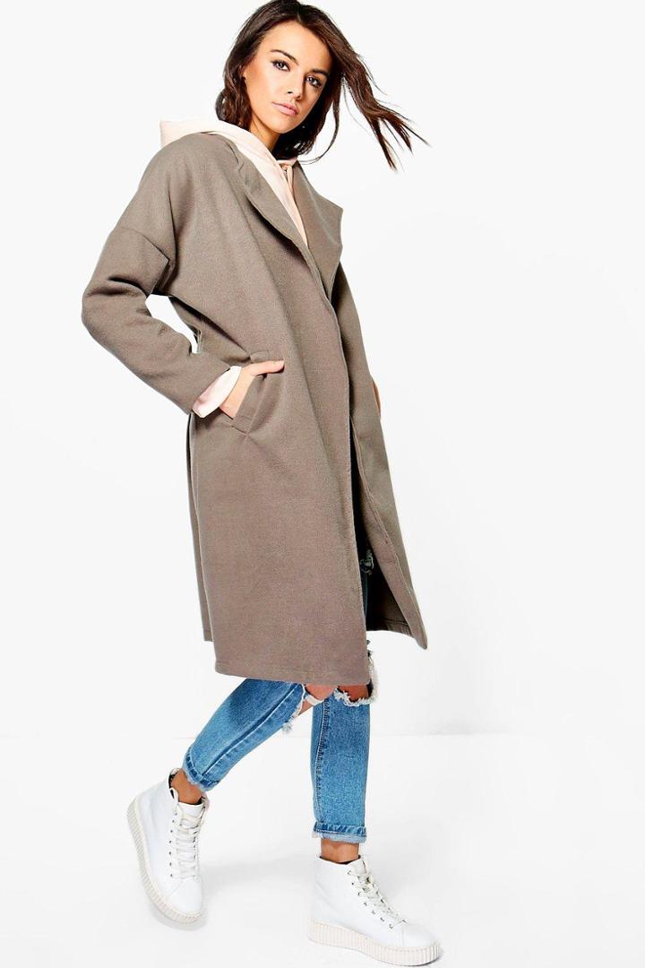 Boohoo Milly Collarless Wool Look Coat Mocha