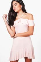 Boohoo Kelly Strappy Off The Shoulder Shift Dress Peach