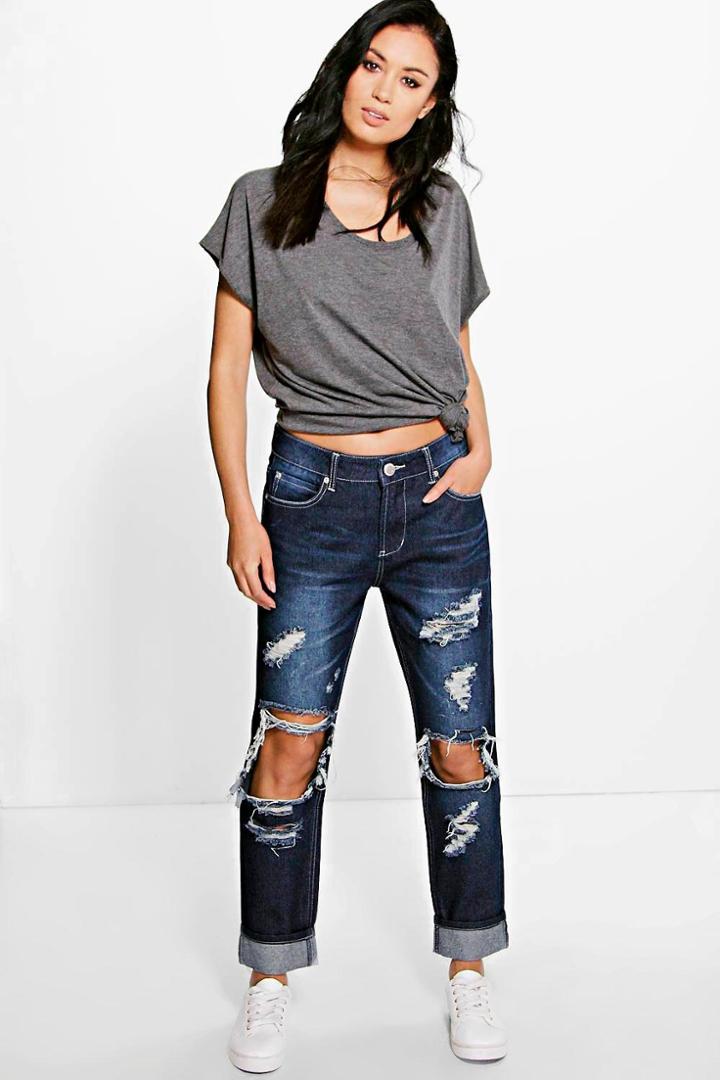 Boohoo Izzy Low Rise Distressed Boyfriend Jeans Indigo