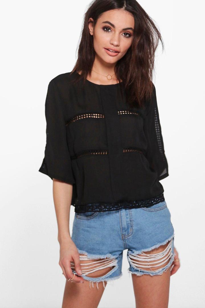 Boohoo Ella Crochet Detail 3/4 Sleeve Top Black