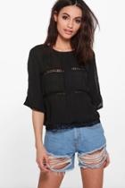 Boohoo Ella Crochet Detail 3/4 Sleeve Top Black