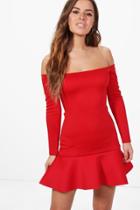 Boohoo Petite Sadie Bardot Peplum Hem Dress Red