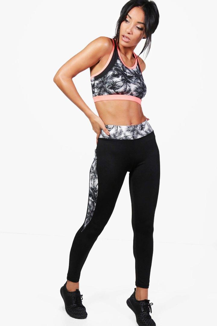 Boohoo Fit Abby Palm Mesh Running Leggings Black