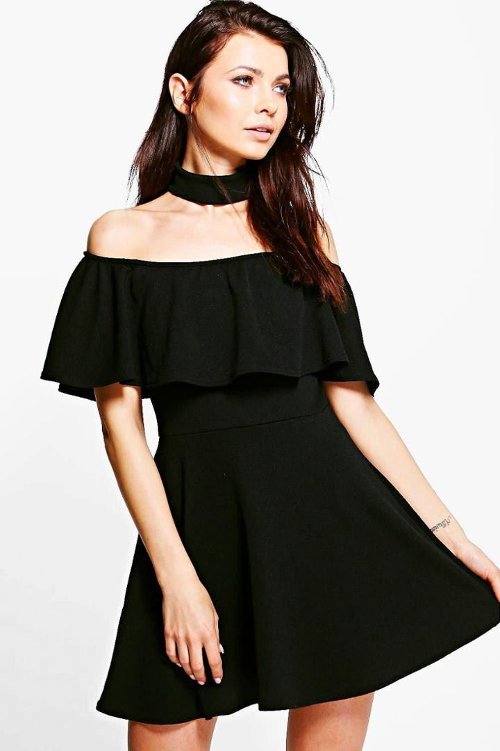 Boohoo Saskia Choker Off Shoulder Skater Dress Black