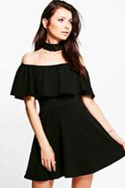 Boohoo Saskia Choker Off Shoulder Skater Dress Black