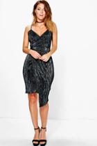 Boohoo Akia Metallic Pleat Wrap Drape Midi Dress Black