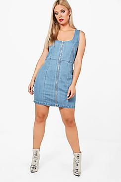 Boohoo Plus Georgie Zip Front Denim Bodycon Dress