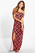 Boohoo Megan Off Shoulder Ethnic Printed Maxi Dress Coral