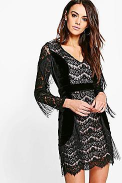 Boohoo Boutique Ann Tassle Velvet Bodycon Dress