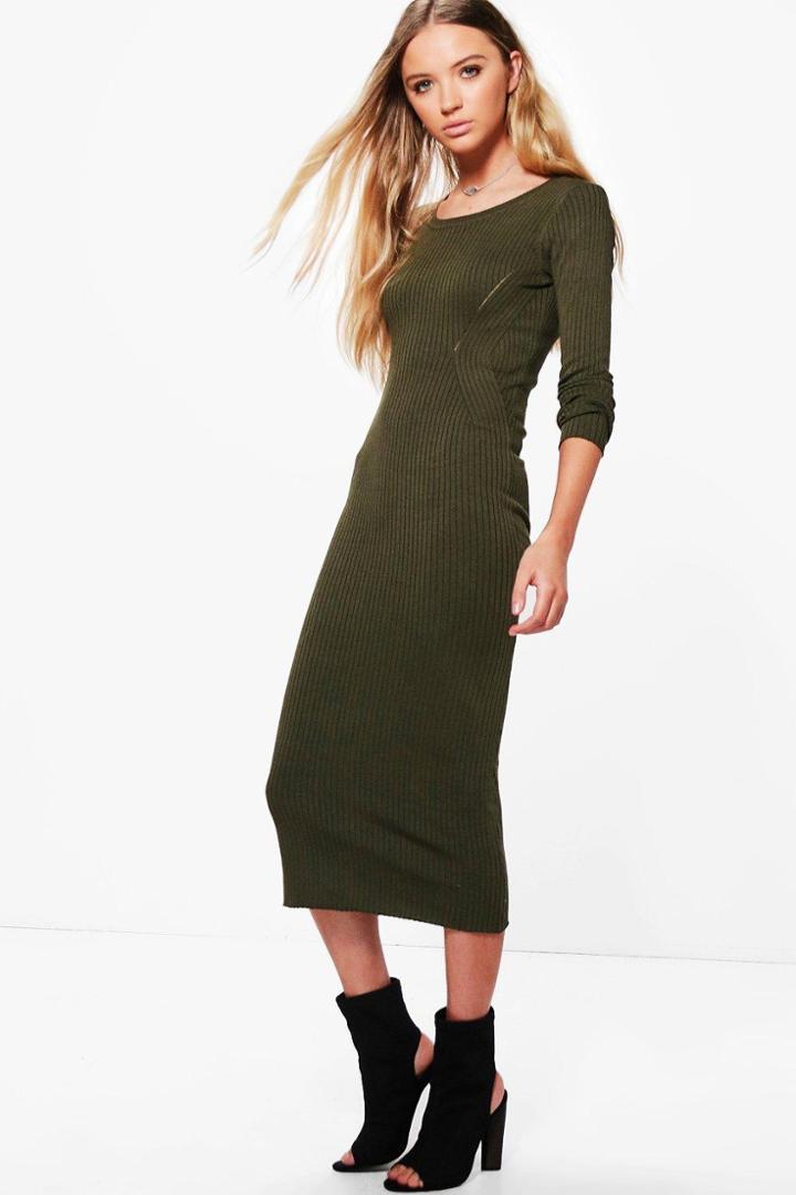 Boohoo Carmel Long Sleeve Midi Dress Khaki