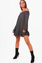 Boohoo Petite Wendy Polka Dot Off The Shoulder Dress