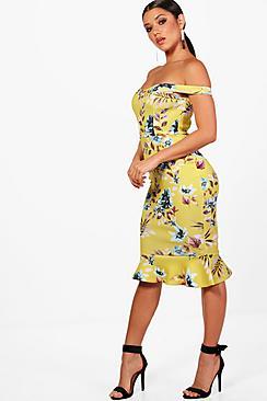 Boohoo Val Off The Shoulder Floral Midi Dress