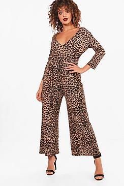 Boohoo Quinn Leopard Print Wrap Front Jumpsuit