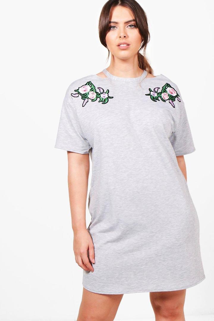 Boohoo Plus Fiona Floral Embroidered Sweat Dress Grey