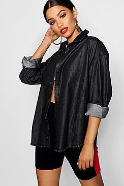 Boohoo Black Frayed Hem Denim Shirt