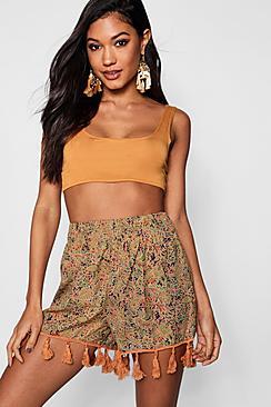 Boohoo Tia Tassel Trim Paisley Runner Shorts