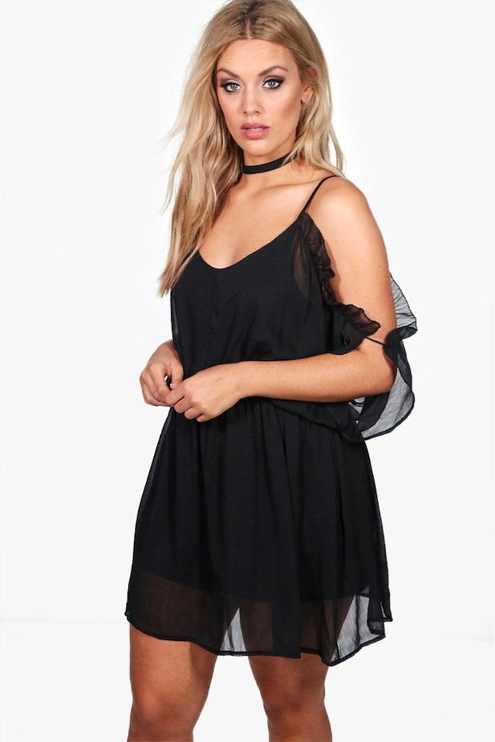 Boohoo Plus Becki Open Shoulder Frill Top Black