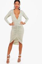 Boohoo Plunge Neck Ruched Front Bodycon Dress