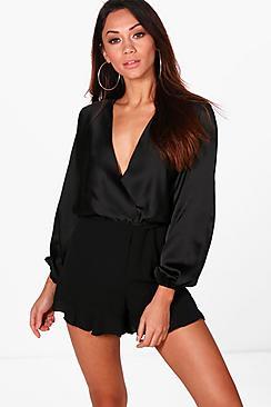 Boohoo Petite Flo Power Shoulder Wrap Crop Blouse