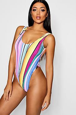 Boohoo Bodrum Stripe Scoop High Leg Swimsuit