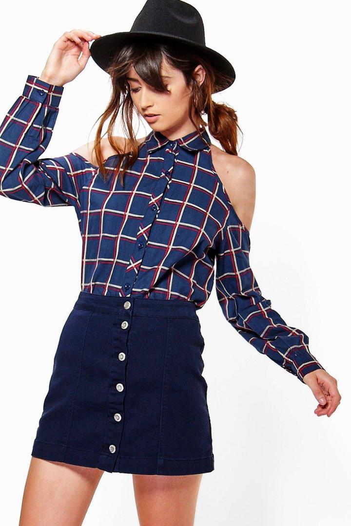 Boohoo Katie Cold Shoulder Flannel Shirt Navy