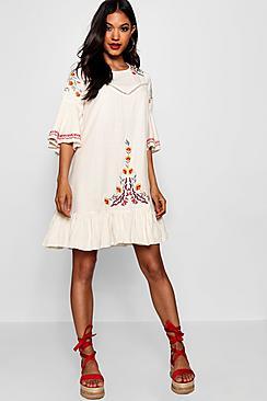 Boohoo Embroidered Flared Sleeve Shift Dress